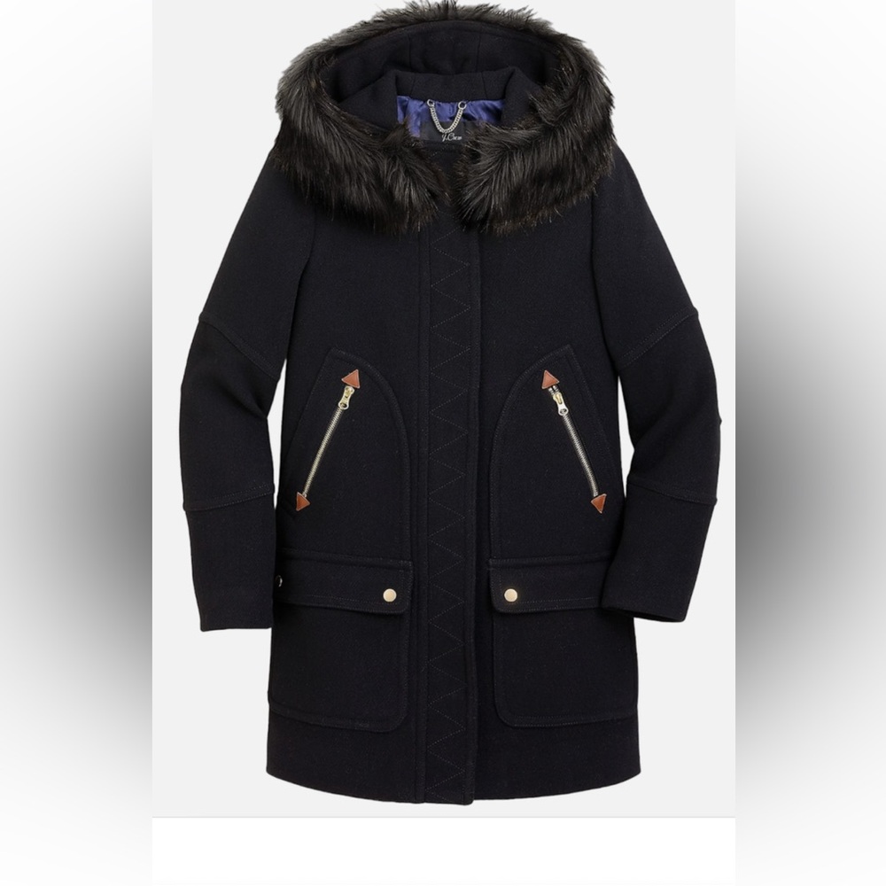 New j crew chateau parka Black Hooded Coat with Faux Fur Trim 14 tall
